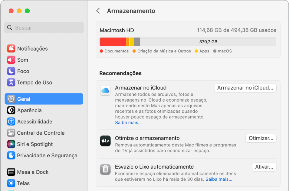 Ajustes de Recomendações para armazenamento, mostrando as opções “Armazenar no iCloud”, “Otimizar Armazenamento” e “Esvaziar o Lixo Automaticamente”.