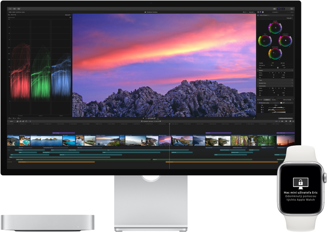 Mac mini s displejom a hodinky Apple Watch so správou, že Mac bol pomocou hodiniek odomknutý.