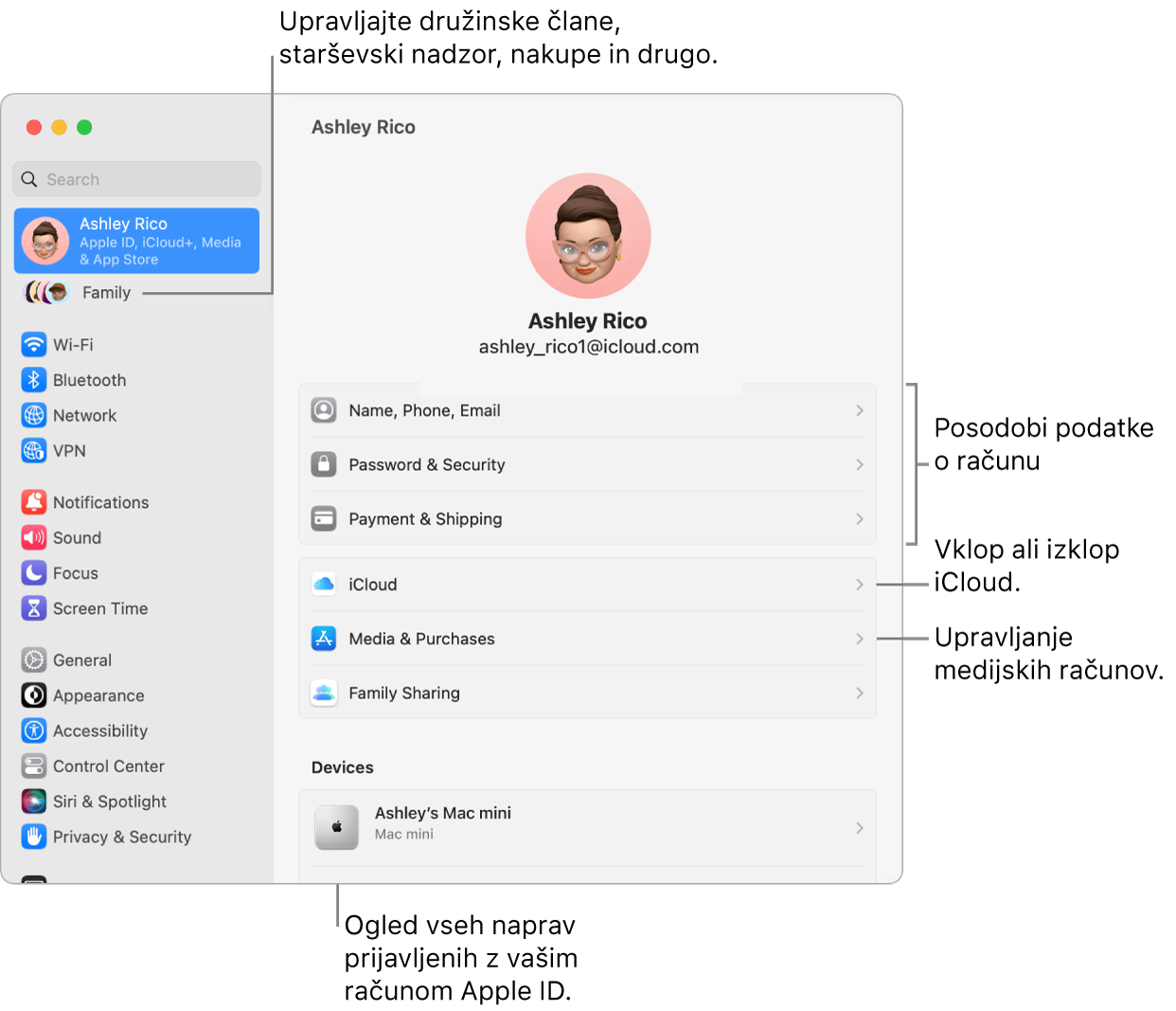 Nastavitve Apple ID v System Settings z oblački za posodobitev informacij o računu, vklop ali izklop funkcij iCloud, upravljanje predstavnostnih računov in Family, kjer lahko upravljate družinske člane, starševski nadzor, nakupe in še več.