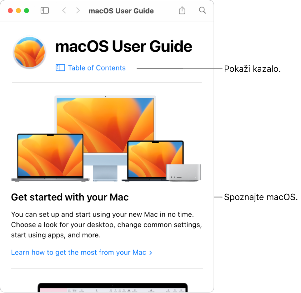 Stran z dobrodošlico uporabniškega priročnika macOS s prikazom povezave do kazala z vsebino.