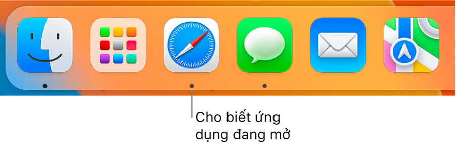 Một phần của Dock đang hiển thị các dấu chấm màu đen bên dưới các ứng dụng được mở.