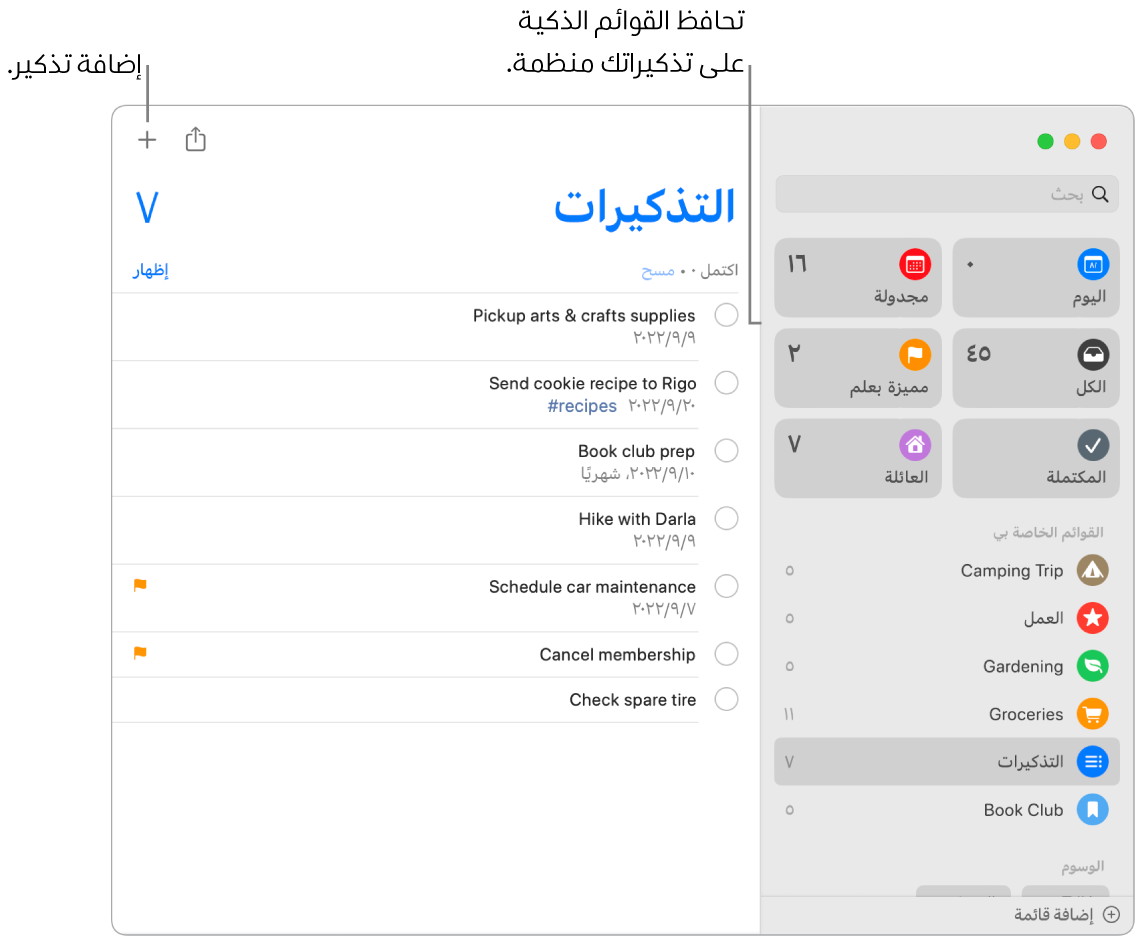 نافذة التذكيرات تظهر بها القوائم الذكية على اليمين وغيرها من التذكيرات والقوائم أدناه. يظهر المؤشر في تذكير. تظهر وسائل شرح للقوائم الذكية ولزر "إضافة تذكير جديد".