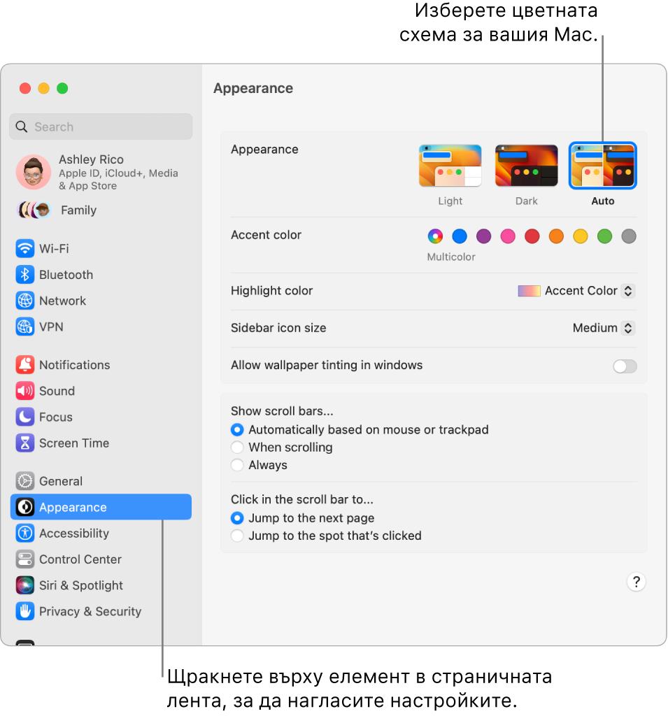 Прозорецът Appearance (Изглед) в System Settings (Системни настройки).