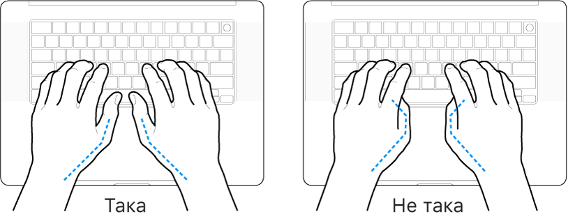 Ръце, разположение над клавиатура, показващи правилно и неправилно положение на палците.