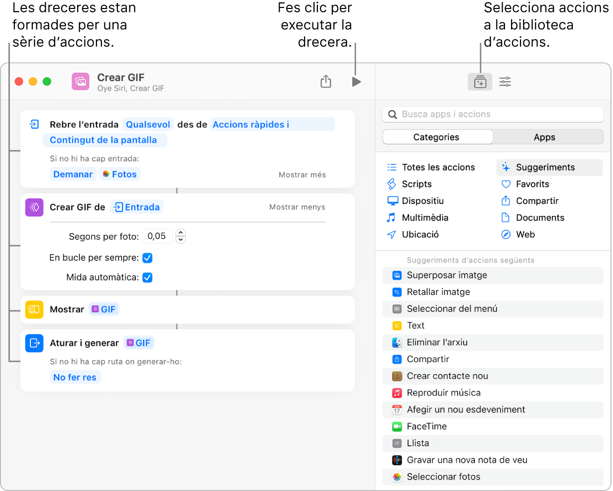 L’editor de dreceres “Crear GIF” a l’esquerra i la biblioteca d’accions a la dreta.