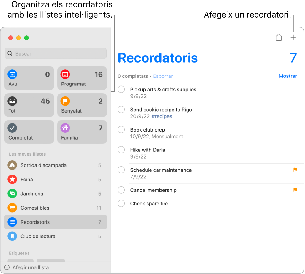 Una finestra de l’app Recordatoris amb llistes intel·ligents a l’esquerra i altres recordatoris i llistes a sota. El punter és a un recordatori. Hi ha les llegendes de les llistes intel·ligents i el botó “Afegeix un recordatori nou”.