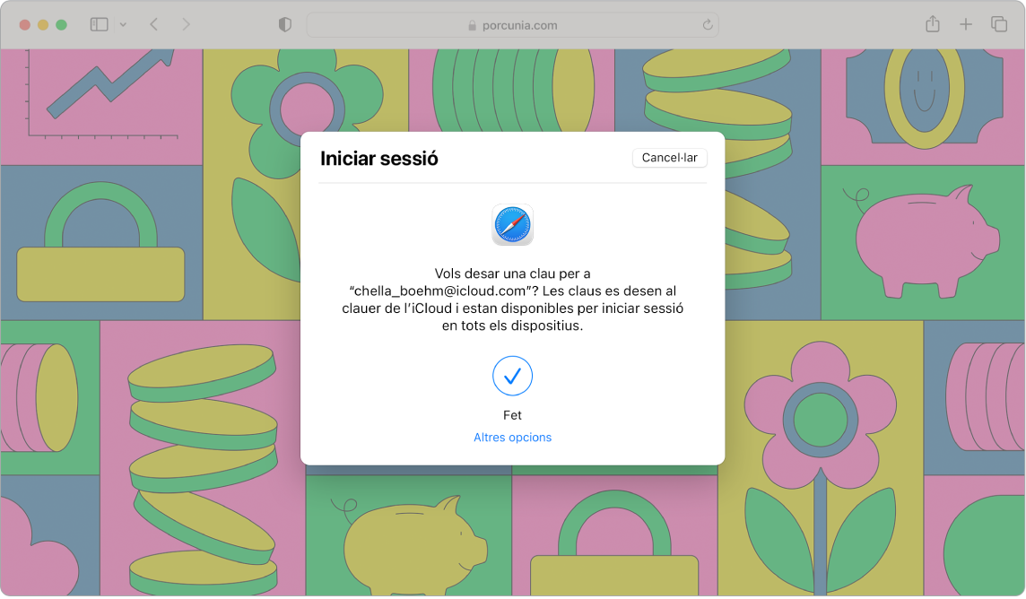 Una finestra del Safari amb el quadre de diàleg “Iniciar sessió” que demana a l’usuari si vol desar una clau. El quadre de diàleg indica que les claus es desen al clauer de l’iCloud i estan disponibles per iniciar sessió a tots els teus dispositius. Una marca de verificació de color blau indica que s’ha creat una clau.