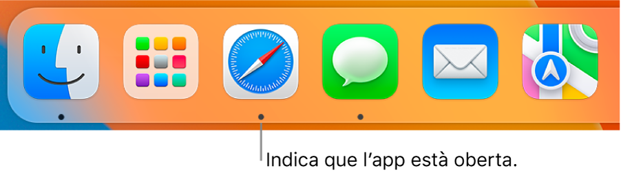 Un fragment del Dock amb uns punts negres a sota de les apps obertes.