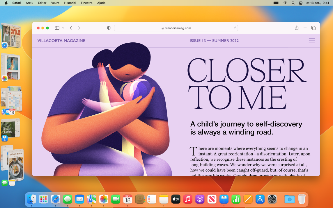 Una pantalla on es mostra el Safari al centre i altres apps obertes al llarg del costat esquerra per mitjà de l’organitzador visual.