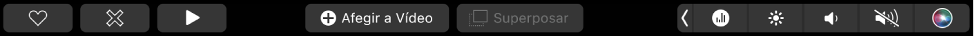 La Touch Bar de l’iMovie amb els botons per reproduir, afegir un vídeo i afegir com a superposició.
