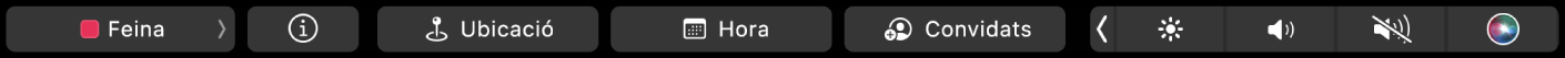La Touch Bar de l’app Calendari amb els botons per seleccionar calendaris, veure detalls de l’esdeveniment, editar la ubicació i l’hora i afegir convidats.