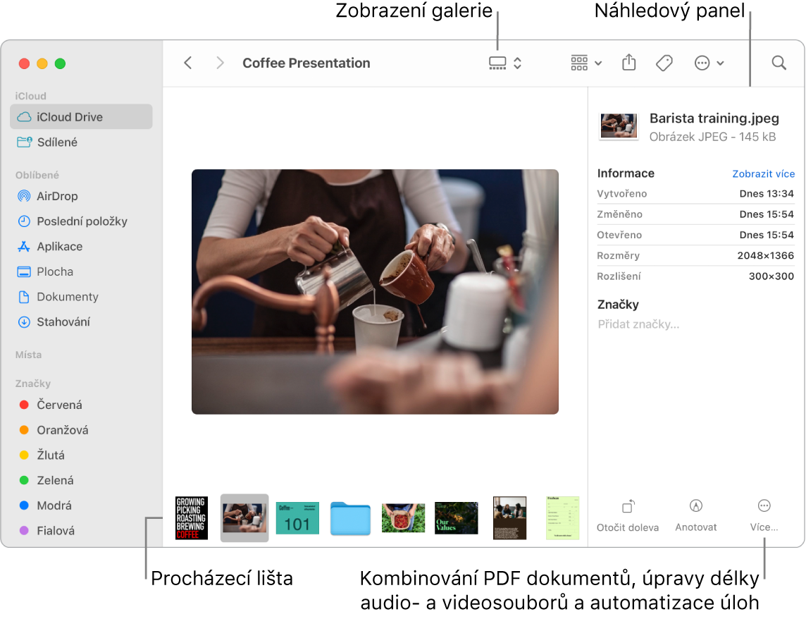 Otevřené okno Finderu se zobrazením galerie, v němž je vidět velká fotka a pod ní řádek menších fotek – procházecí lišta. Napravo od procházecí lišty jsou ovládací prvky pro otáčení, vytváření a úpravy anotací a další akce.