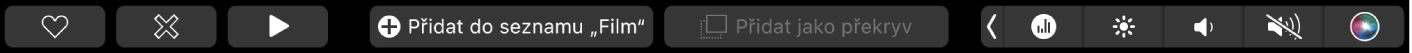 Touch Bar v iMovie s tlačítky pro přehrání, vložení do filmu a přidání překryvu