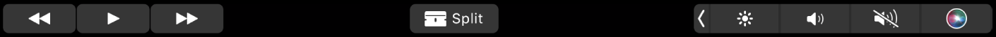 Touch Bar v iMovie během přehrávání klipu. K dispozici jsou tlačítka pro posun zpět, přehrání, posun vpřed, rozdělení a hlasitost.