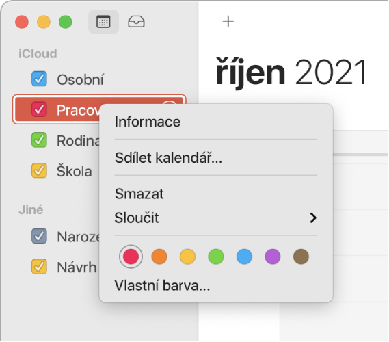 Nabídka zkratek Kalendáře s volbami pro přizpůsobení barvy kalendáře