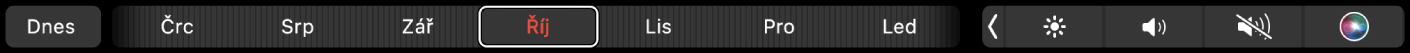 Touch Bar v Kalendáři s tlačítkem Dnes a jezdcem pro výběr měsíce