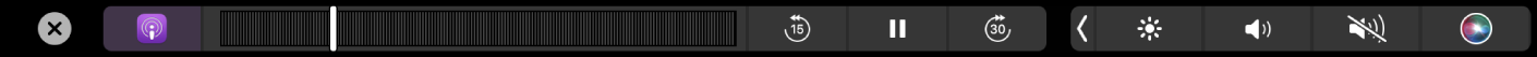 Touch Bar v Podcastech, na němž je vidět lišta přehrávání podcastu