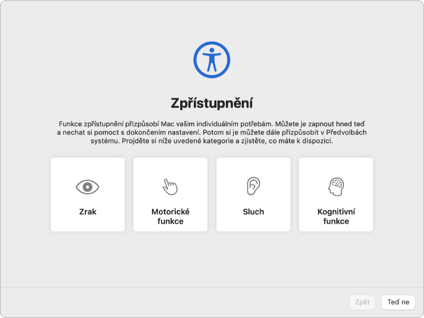 Obrazovka Macu se zobrazenými volbami zpřístupnění v Průvodci nastavením.
