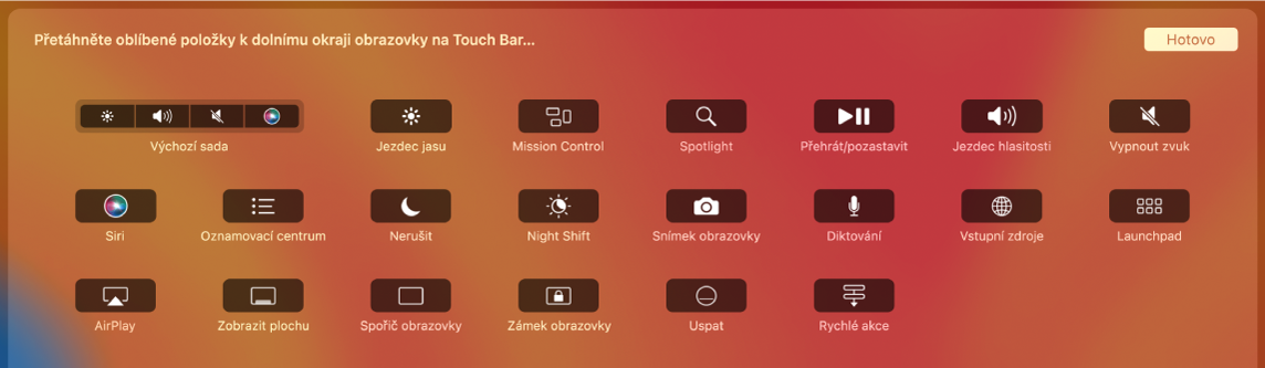 Položky na Control Stripu, které můžete přizpůsobit přetažením na Touch Bar