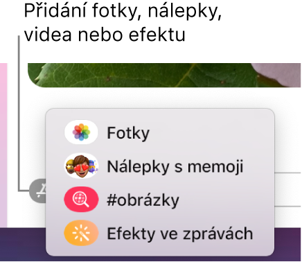 Nabídka Aplikace s volbami pro zobrazení fotek, nálepek s memoji, GIFů a efektů ve zprávách.