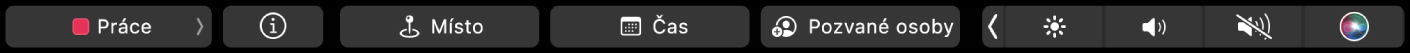 Touch Bar v Kalendáři s tlačítky pro výběr kalendáře, pro zobrazení podrobností o události, pro úpravu místa a času a pro přidání pozvaných osob