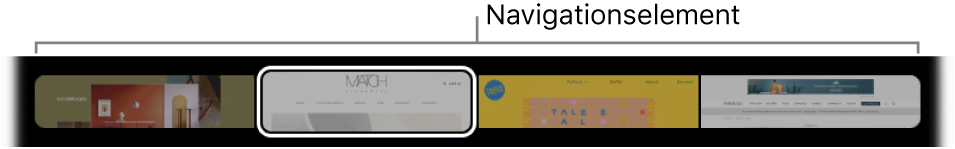 Die Tab-Navigationsleiste in der Safari-Touch Bar. Gezeigt wird eine kleine Vorschau jedes geöffneten Tabs.