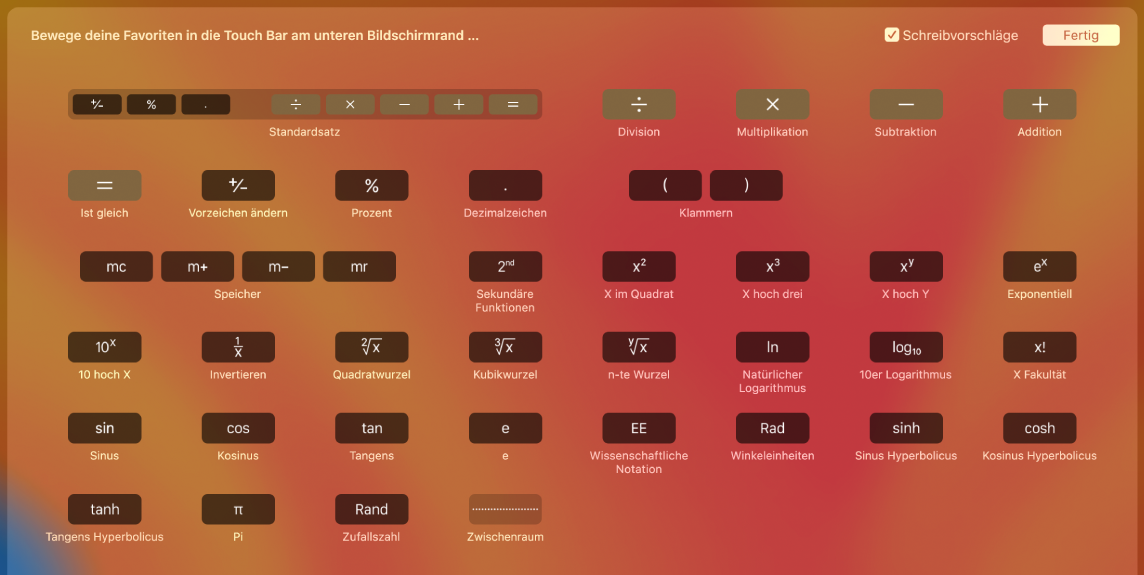 Du kannst die Objekte in der Touch Bar „Rechner“ anpassen, indem du die gewünschten Objekte in die Touch Bar ziehst.