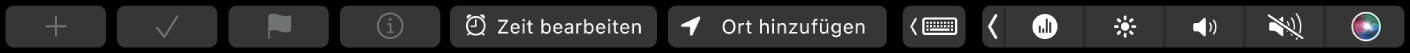 Erinnerungen-Touch Bar mit Tasten für neue Erinnerung, Häkchen, Markierung, Info, „Zeit bearbeiten“ und „Ort hinzufügen“.