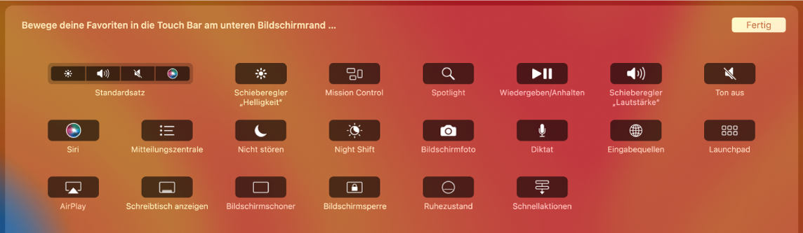 Die Objekte im Control Strip können angepasst werden, indem du sie in die Touch Bar bewegst.