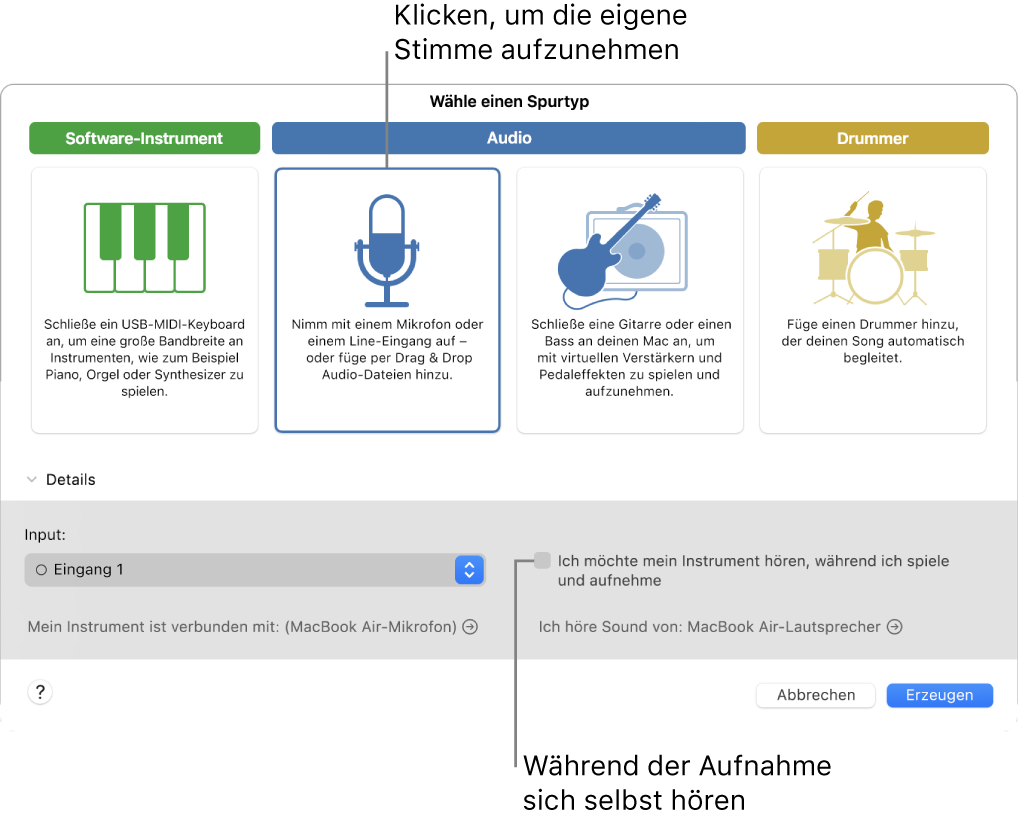 GarageBand-Instrumentbereich mit Taste zur Stimmaufzeichnung und Wiedergabe während der Aufnahme