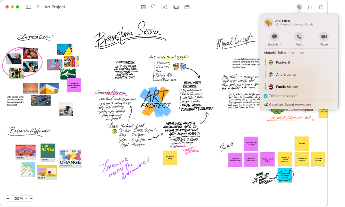 Ein Freeform-Board mit dem geöffneten Tab für die Zusammenarbeit und Beispielen einer Brainstorming-Sitzung.