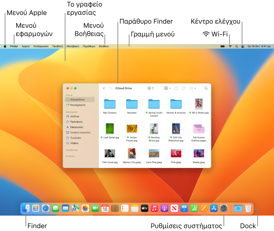 Η οθόνη του Mac όπου φαίνονται το μενού Apple, το μενού εφαρμογής, το γραφείο εργασίας, το μενού «Βοήθεια», ένα παράθυρο Finder, η γραμμή μενού, το εικονίδιο Wi-Fi, το εικονίδιο Κέντρου ελέγχου, το εικονίδιο Finder, το εικονίδιο των Ρυθμίσεων συστήματος και το Dock.