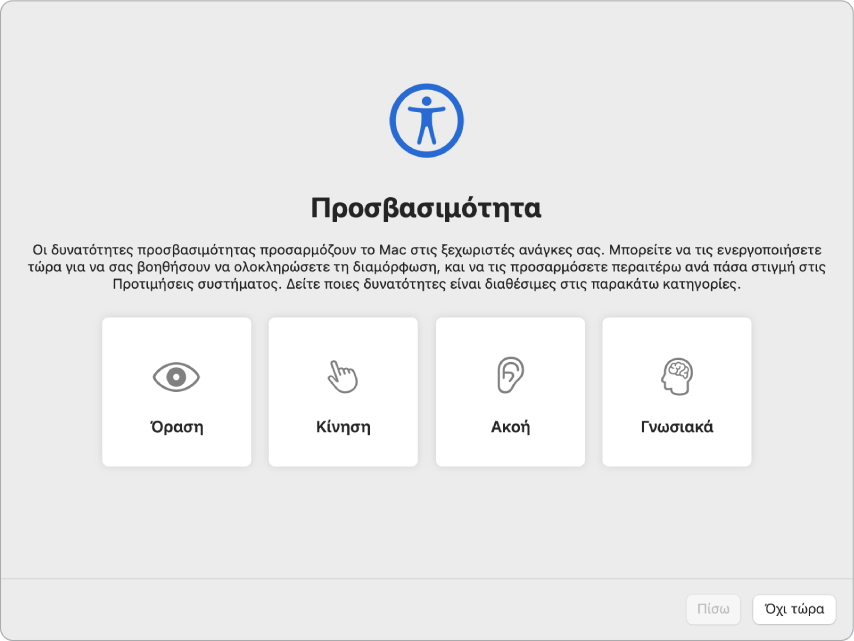 Μια οθόνη Mac όπου φαίνονται οι επιλογές Προσβασιμότητας στον Βοηθό διαμόρφωσης.