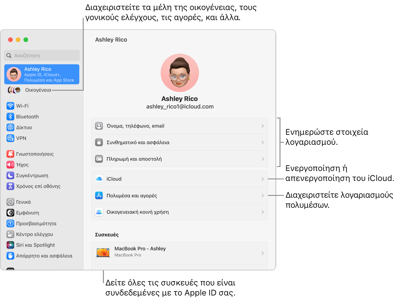 Οι ρυθμίσεις Apple ID στις Ρυθμίσεις συστήματος με επεξηγήσεις για ενημέρωση των στοιχείων λογαριασμού, ενεργοποίηση ή απενεργοποίηση δυνατοτήτων iCloud, διαχείριση λογαριασμών πολυμέσων, και η Οικογένεια όπου μπορείτε να διαχειριστείτε τα μέλη οικογένειας, τον γονικό έλεγχο, τις αγορές και πολλά άλλα.