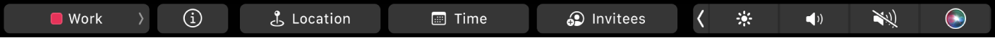 The Calendar Touch Bar with buttons for choosing calendars, viewing event details, editing location, editing time, and adding invitees.