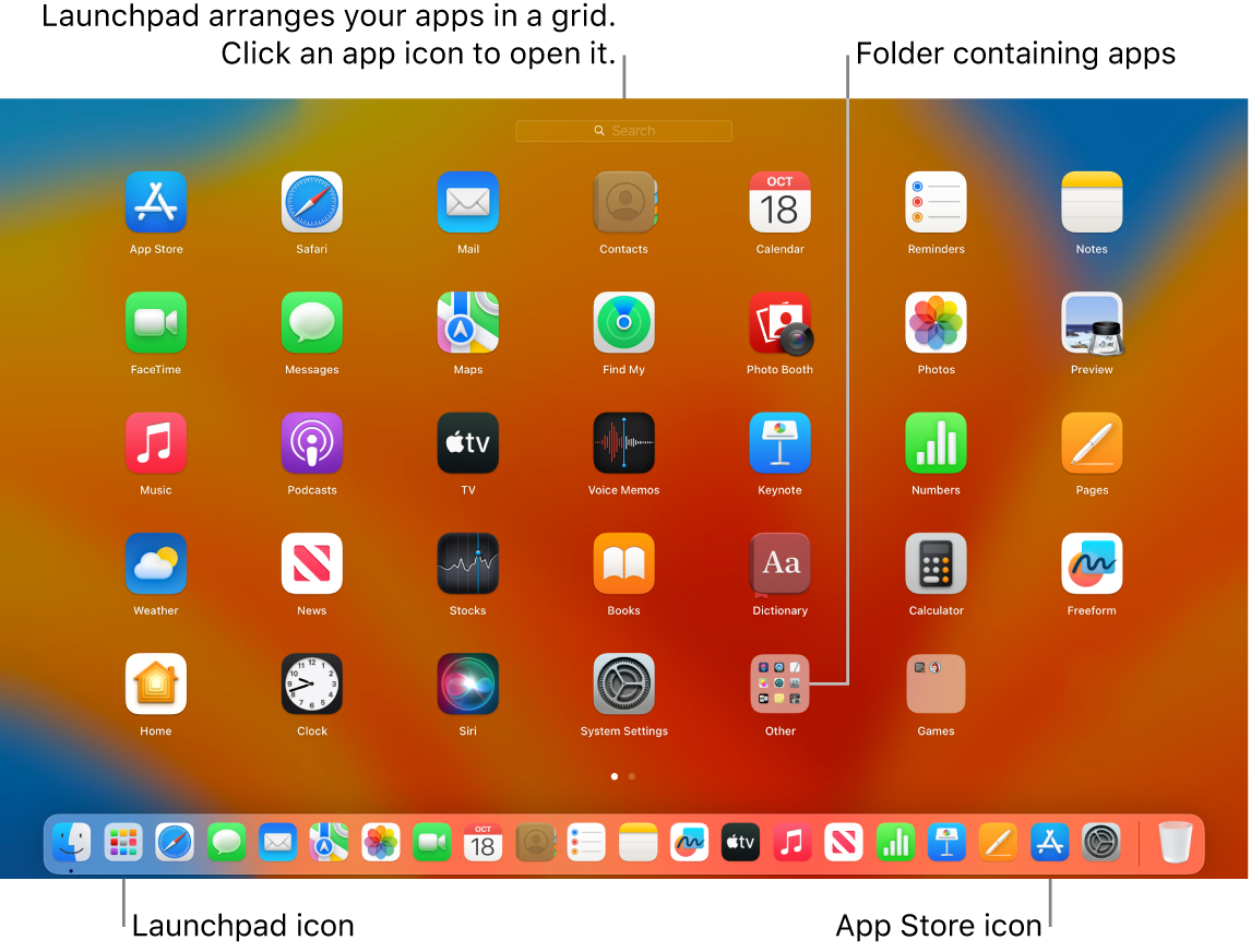 A Mac screen with Launchpad open, showing a folder of apps in Launchpad, and the Launchpad icon and App Store icons in the Dock.