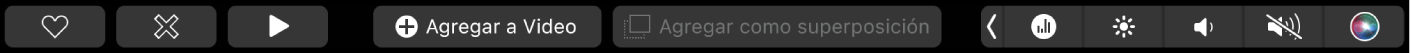 La Touch Bar de iMovie con los botones para reproducir, agregar a película, y agregar como superposición.