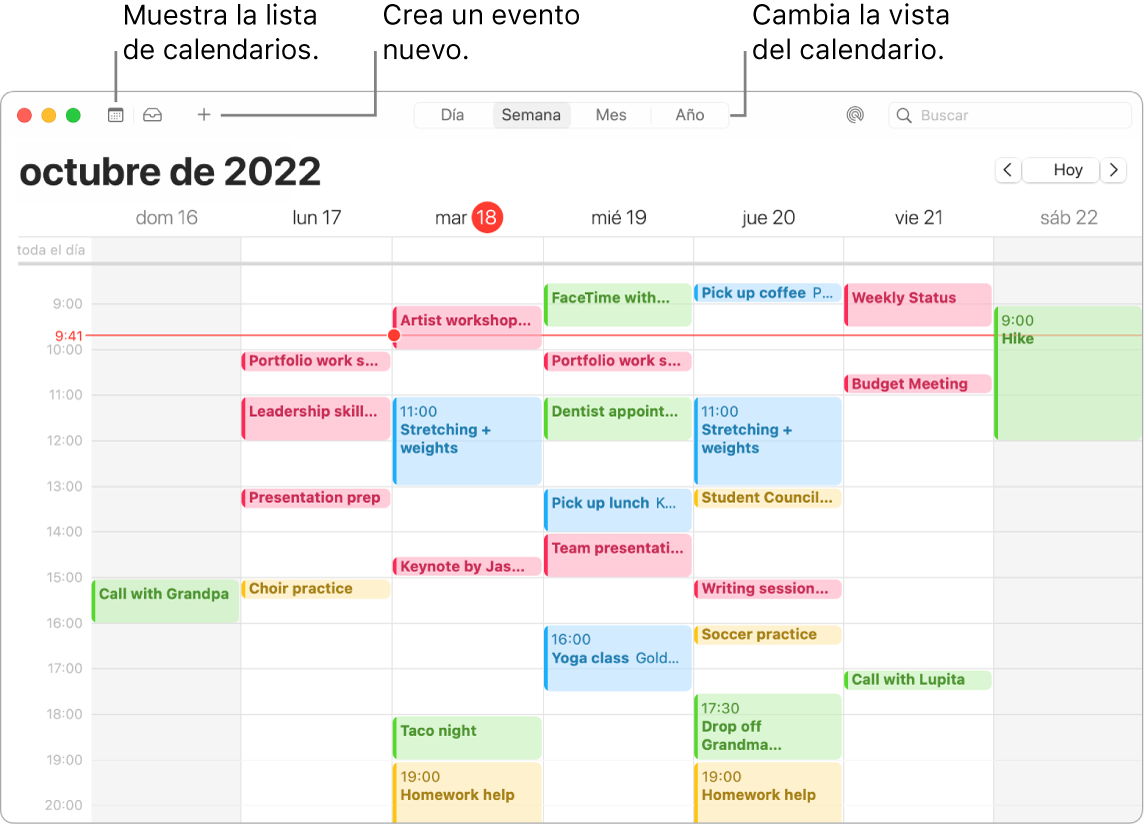 Ventana de Calendario mostrando la lista de calendarios, cómo crear un evento, y cómo seleccionar la vista por días, semanas, meses o años.