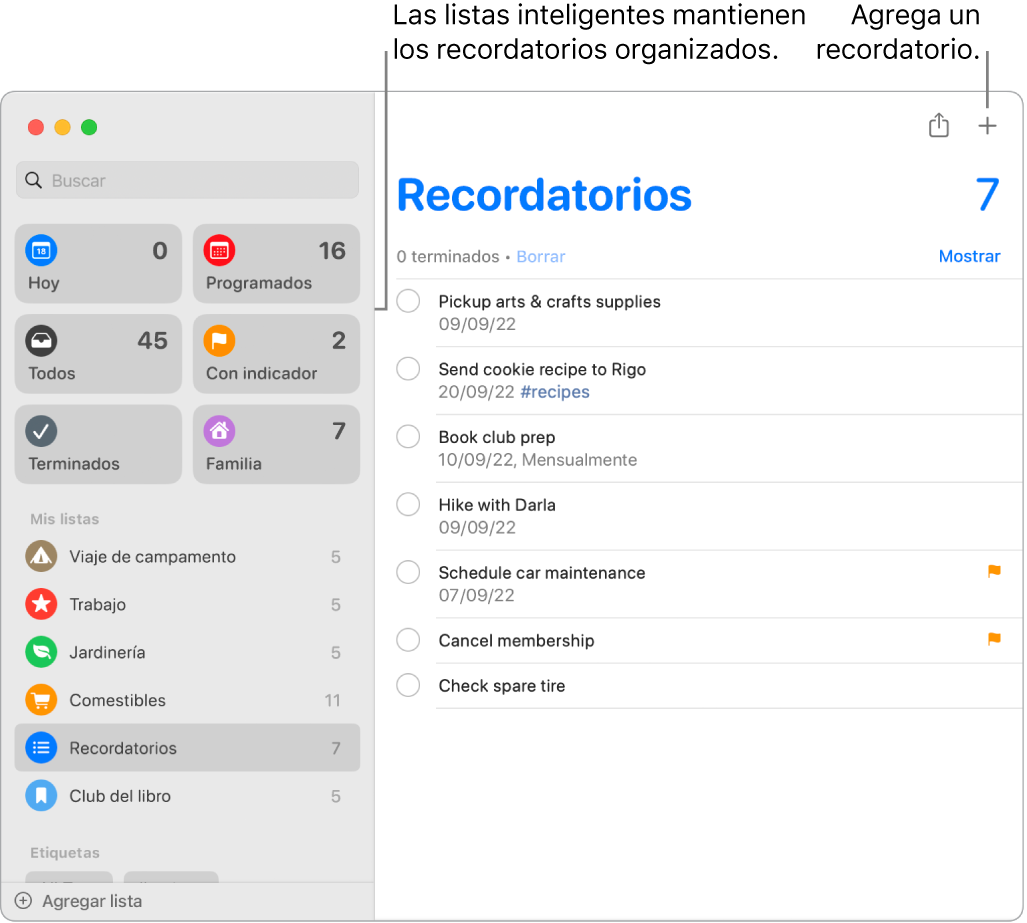 Una ventana de la app Recordatorios con listas inteligentes en el lado izquierdo, y otros recordatorios y listas debajo. El puntero está en un recordatorio. Hay globos para las listas inteligentes y para el botón Agregar un nuevo recordatorio.