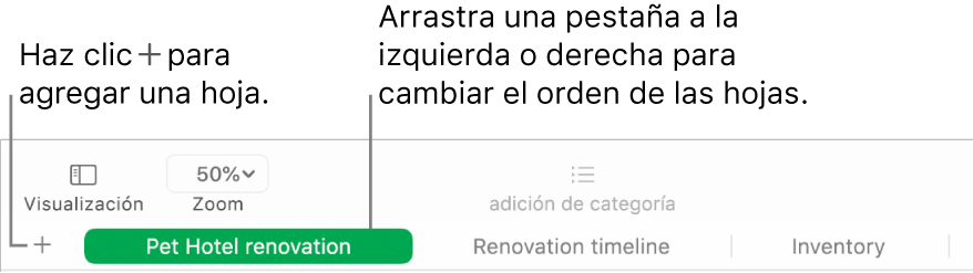 Ventana de Numbers mostrando cómo agregar una hoja nueva y cómo cambiar el orden de las hojas.