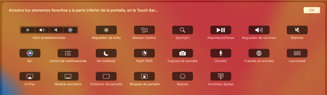 Los elementos que puedes personalizar en la Control Strip con sólo arrastrarlos hacia la Touch Bar.