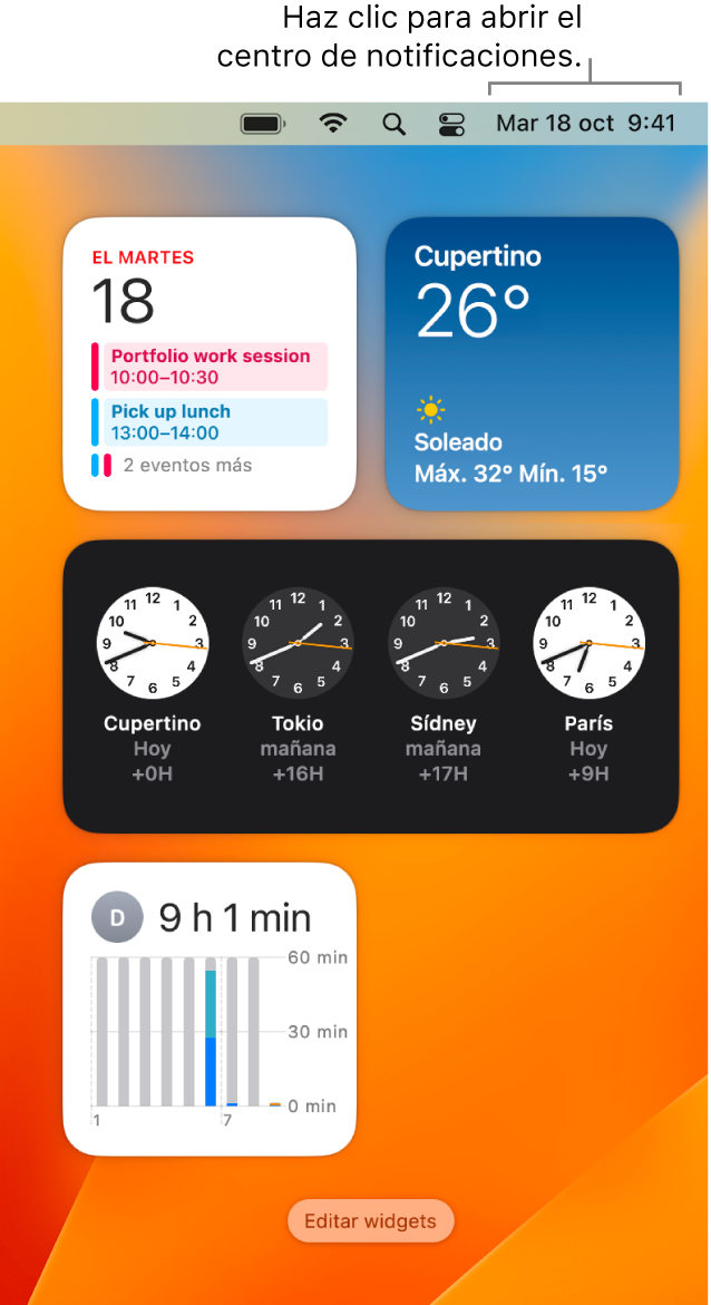 Centro de notificaciones con notificaciones y widgets de Fotos, Casa, Calendario y “Tiempo de pantalla”.