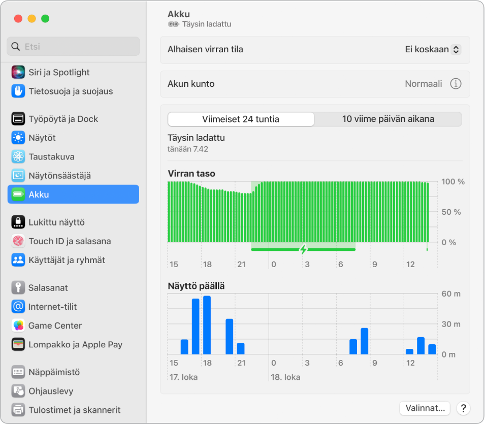 Akun asetukset -ikkuna, jossa näkyy energian käyttö viimeisen kymmenen päivän ajalta. Ikkunassa näkyy myös, että akun kunto on normaali, ja saatavilla on Alhaisen virran tilan käyttöönoton valinta.