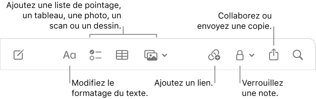 La barre d’outils de Notes avec des légendes pour les outils de format de texte, de liste de pointage, de tableau, de lien, de photos/contenu multimédia, de verrouillage, de partage et d’envoi d’une copie.