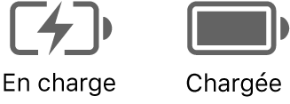 Icône dʼétat de batterie en charge et chargée.