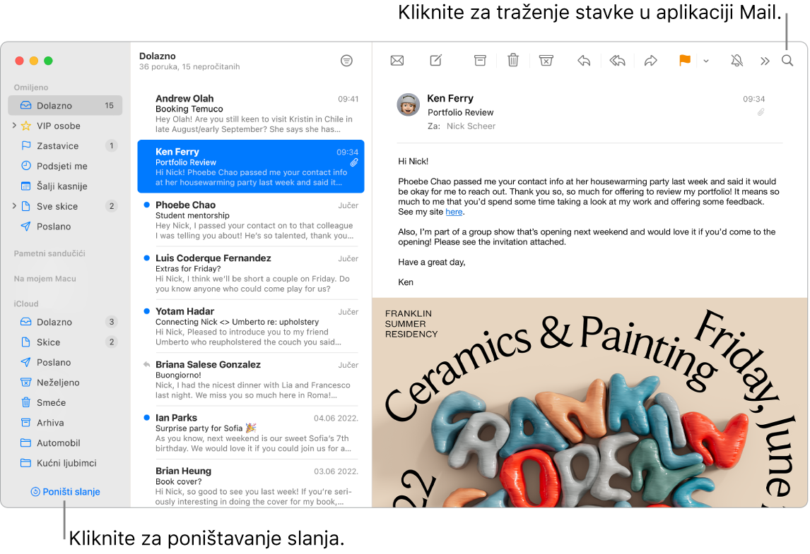 Prozor aplikacije Mail s rubnim stupcem na lijevog strani koji sadrži mape Omiljeno, Pametni sandučići i iCloud, popisom poruka pored rubnog stupca i sadržajem odabrane poruke s desne strane.