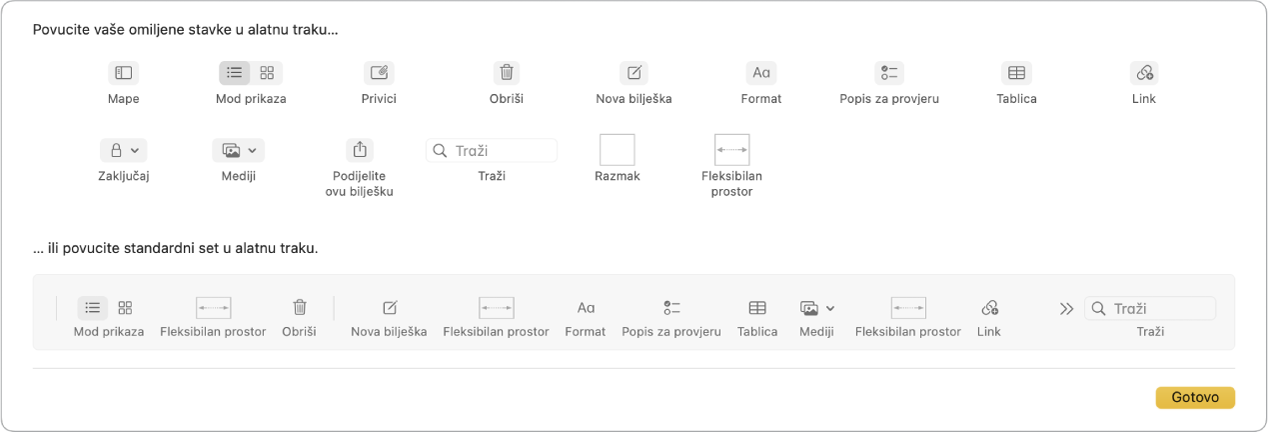 Prozor aplikacije Bilješke koji prikazuje opcije prilagođavanja alatne trake koje su dostupne.