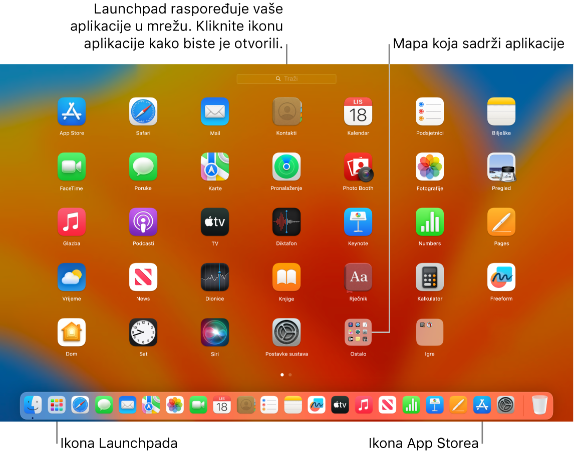 Zaslon Mac računala s otvorenom aplikacijom Launchpad prikazuje mapu aplikacija unutar Launchpada i ikonu Launchpada te ikonu trgovine App Store u Docku.