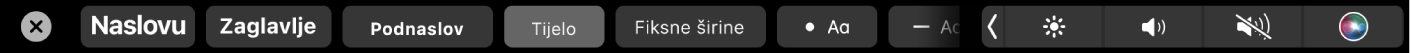 Touch Bar za Bilješke s tipkama za stilove paragrafa, uključujući Naslov, Zaglavlje i Tijelo teksta, te tipkama za opcije popisa, uključujući predznake, crtice i brojeve.