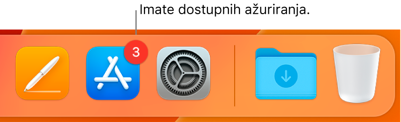 Odjeljak Docka prikazuje App Store ikonu s oznakom koja ukazuje na dostupna ažuriranja.